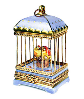 blue birdcage with lovebirds Limoges box