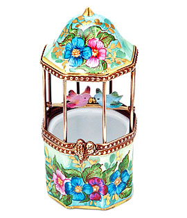 Floral birdcage Limoges box with love birds