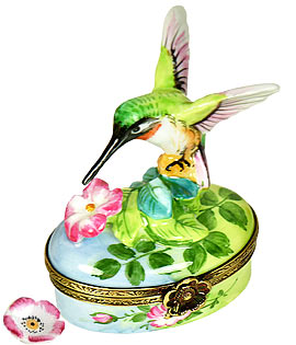 Limoges box hummingbird sipping from blossom with removable flower