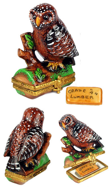 Limoges box North American Brown Spotted Owl with plank of lumber