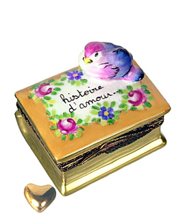history of love book Limoges box with bird