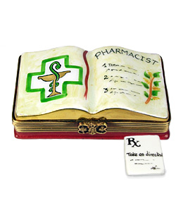 pharmacist book with porcelain prescription