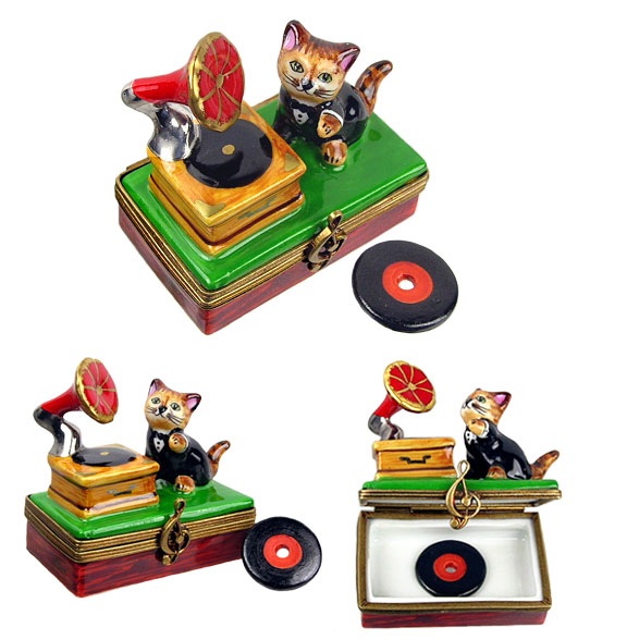 Limoges box music loving cat with phonograph and record