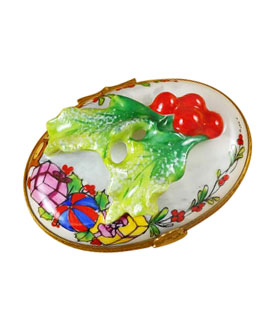 Limoges box figural holly leaves and berries on oval