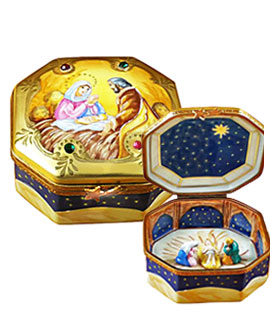 octagon limoges box with crystals and inside holy family