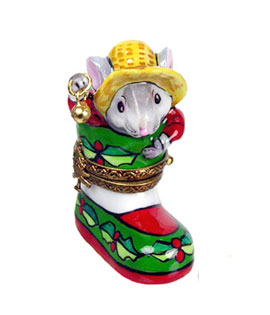 Limoges box mouse in Christmas boot by Rochard