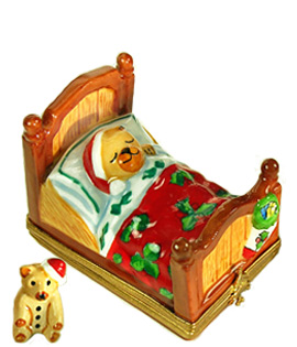 Christmas bear in bed Limoges box with small santa bear