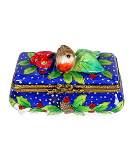 Limoges box Christmas bird on holly atop classic shape