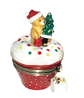 Christmas cupcake Limoges box with Teddy Santa bear