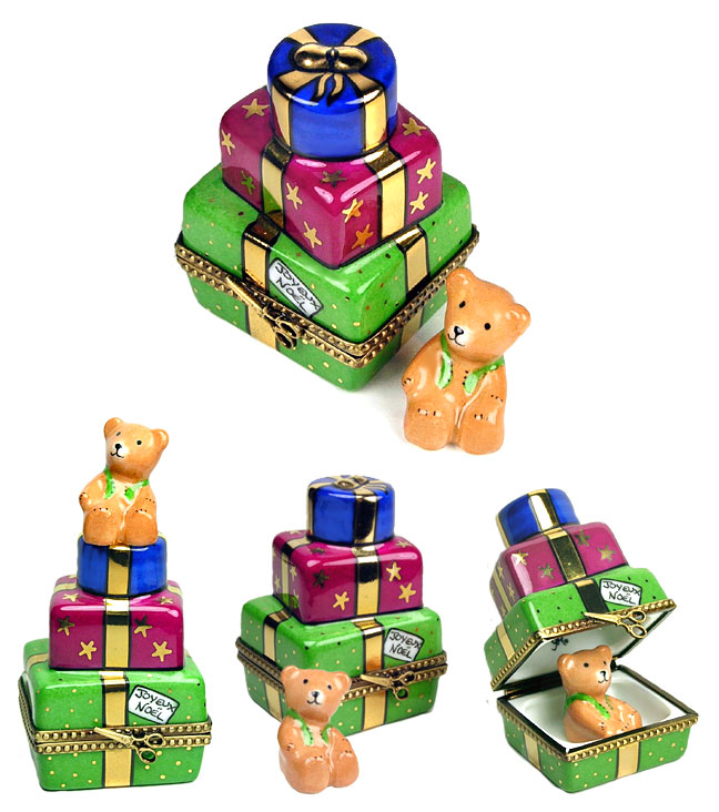 Limoges box stack of Christmas gifts with Teddy Bear