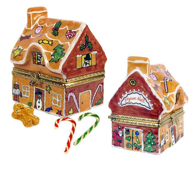 gingerbread house Limoges box with two candy canes and gingerbread man