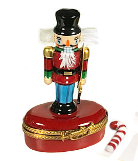 Nutcracker Limoges box with bristly hair and candy cane