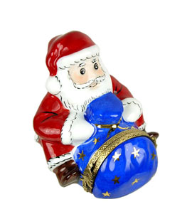 Limoges box Santa with blue sack, dimensional objects inside