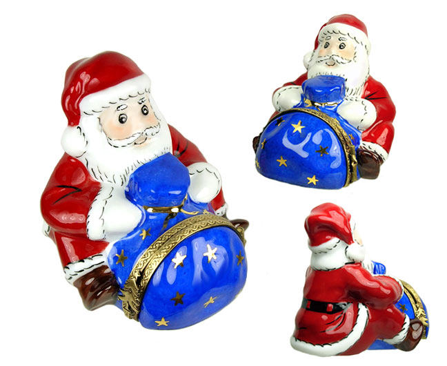 Limoges box Santa with blue sack and presnets