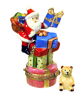 Santa with pile of gifts and Teddy Limoges box