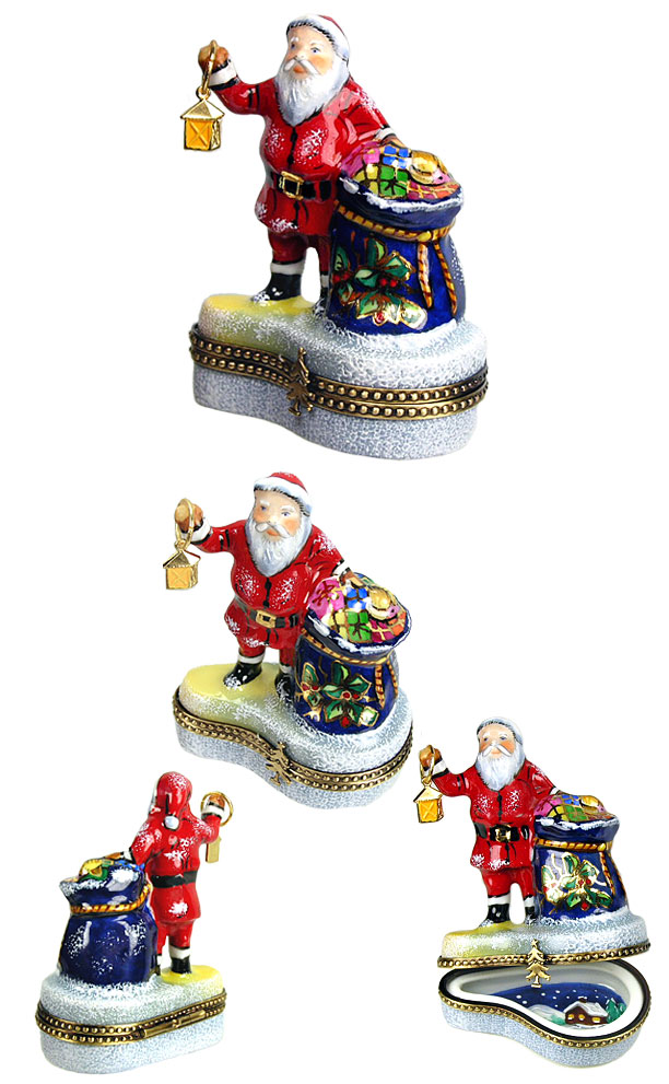 Santa with lantern and bag of toys limoges box
