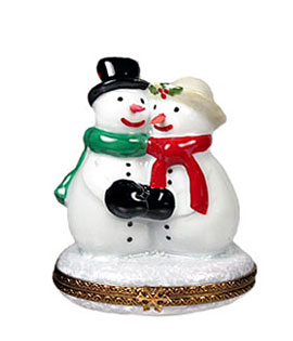 limoges box snowman couple with scarves and hats