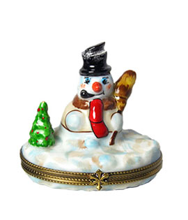 Limoges box snowman by tree
