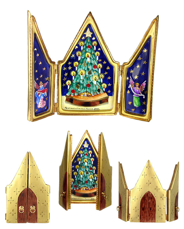 Rochard limoges box triptych with Christmas tree, stars and angels