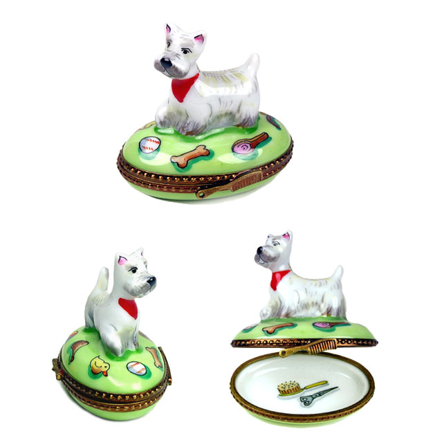 westie with toys limoges box