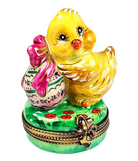 Rochard Easter chick holding egg Limoges box