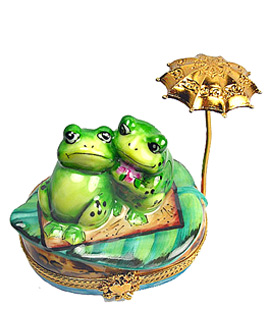loving frogs under gold parasol Limoges box