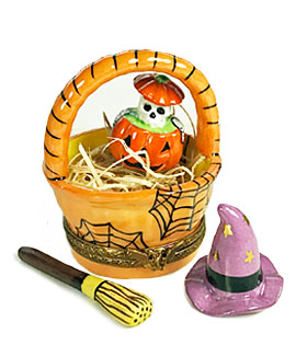 Limoges box halloween basket with skelton in pumpkin, witch hat and broom