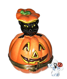 Limoges box Halloween Cat popping out of pumpkin