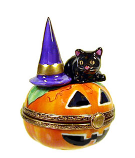 Limoges box Jack o lantern with witch hat and cat