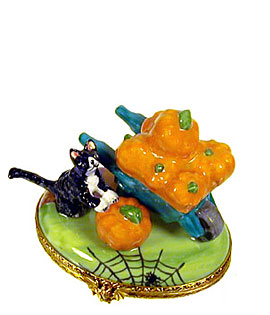 Limoges box cat in wheelbarrow with pumpkins