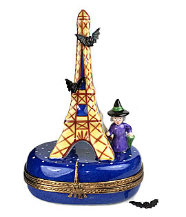 Limoges box Eiffel Tower at Halloween with witch and bats