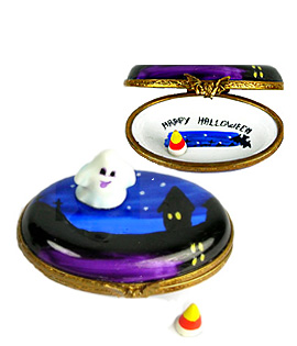 Halloween scene Limogs box with candy corn and ghost