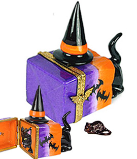 Limoges box cat hunting mouse in Halloween sack