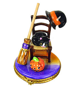 Halloween chair Limoges box with cat, pumpkin, witch hat and broom