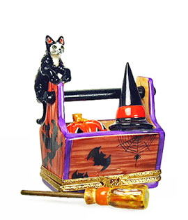 Limoges box cat on Halloween crate with witch broom