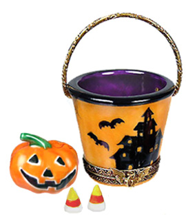 Rochard Halloween pail Limoges box with jack o lantern and candy corns