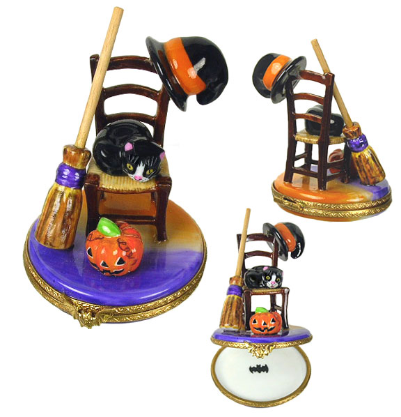 Halloween chair with Jacx o'lantern, cat, witch hat and broom