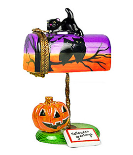 Halloween mailbox Limoges box with cat, pumpkin and letter