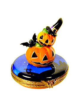Limoges box stacking Jack o lanterns with bat and witch hat