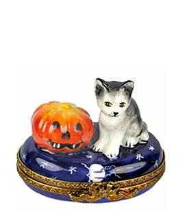 kitten with jack o lantern Limoges box with night sky decor