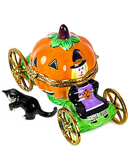 Pumpkin carriage Limoges box with witch driver and cat