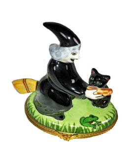Witch on broom Limoges box with cat