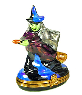 Green face witch on broom Limoges box