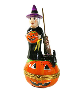 Witch with Jack o' Lantern and Cat Limoges box