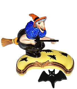 Witch riding over crescent moon Limoges box with bat