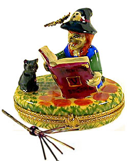 witch reading to cat Limoges box with wire broom