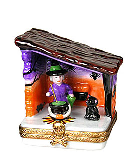 Limoges box witch and cat in Halloween shed with cauldron