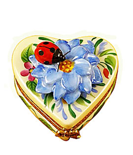 Limoges box heart with blue flower and lady bug