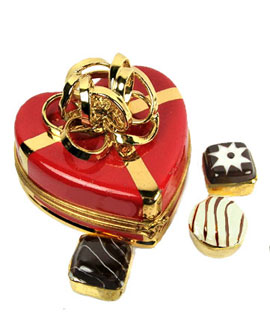 heart Limoges box with gold loop bow and three truffles