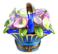 blue and gold basket with pastel cala lilies Limoges box